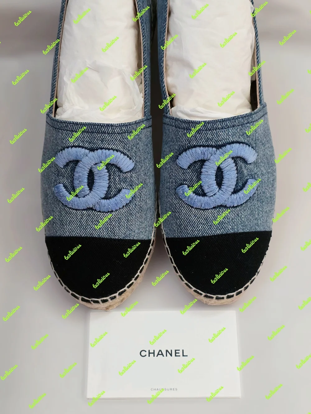 CHANEL 22B LAMBSKIN ESPADRILLES LIGHT BLUE BLACK SZ 39 *PRE-OWNED 100% AUTHENTIC